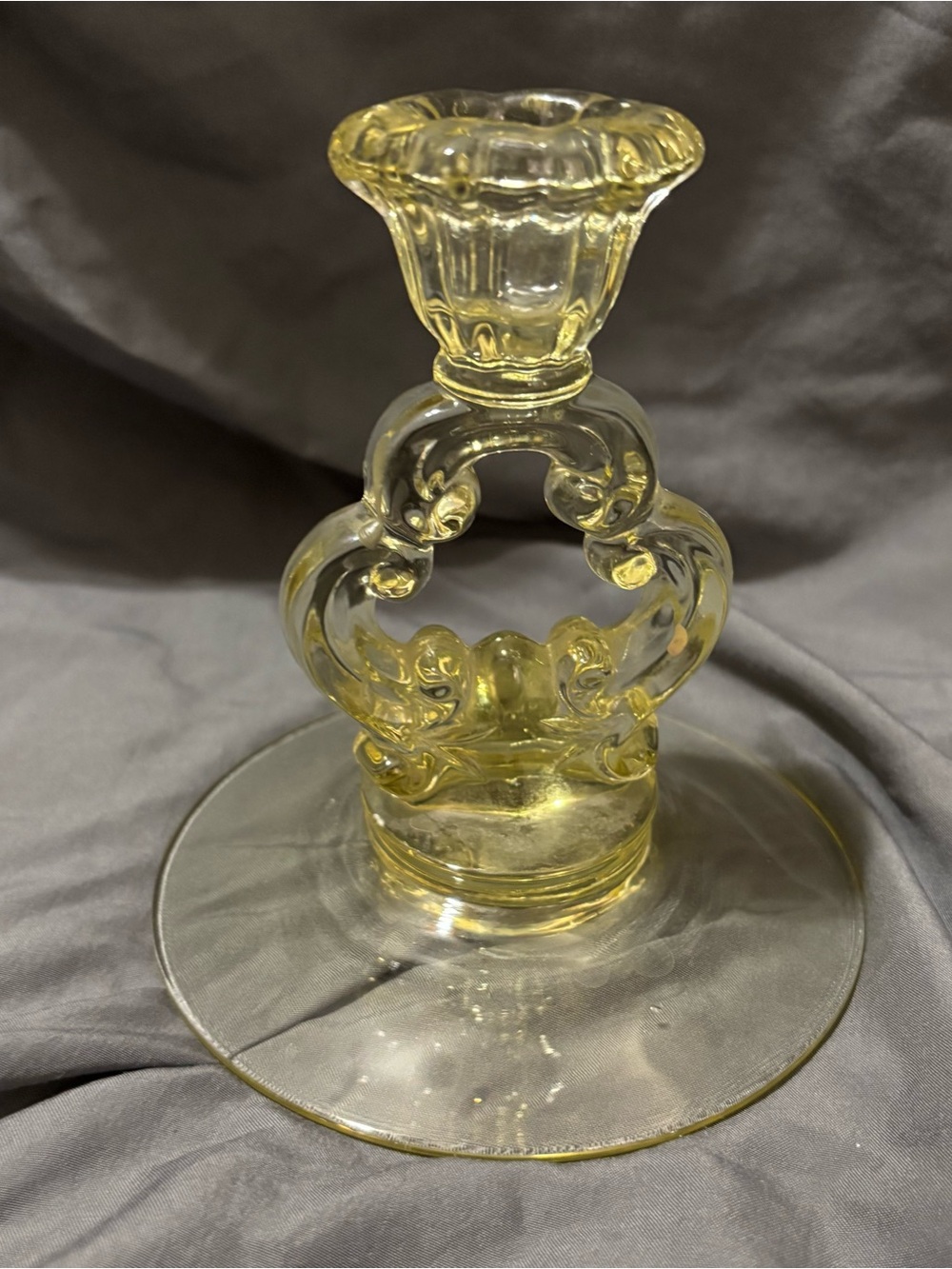 Cambridge Keyhole Topaz Yellow Glass Candlestick Holder 3400/646 Depression